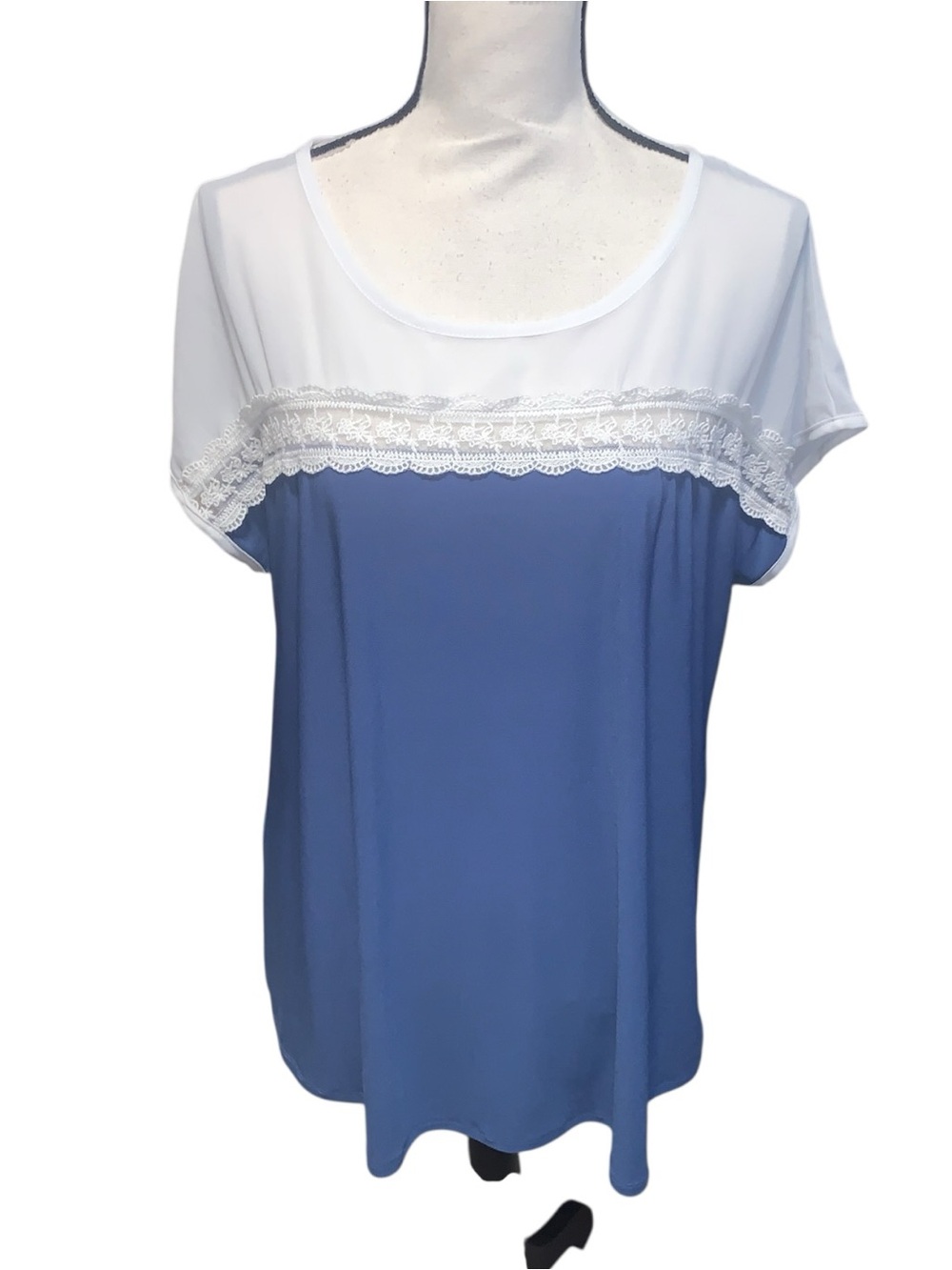 Faith and Joy Two-Tone Lace Trim Scoop Neck Top Blue and White Short Sleeve